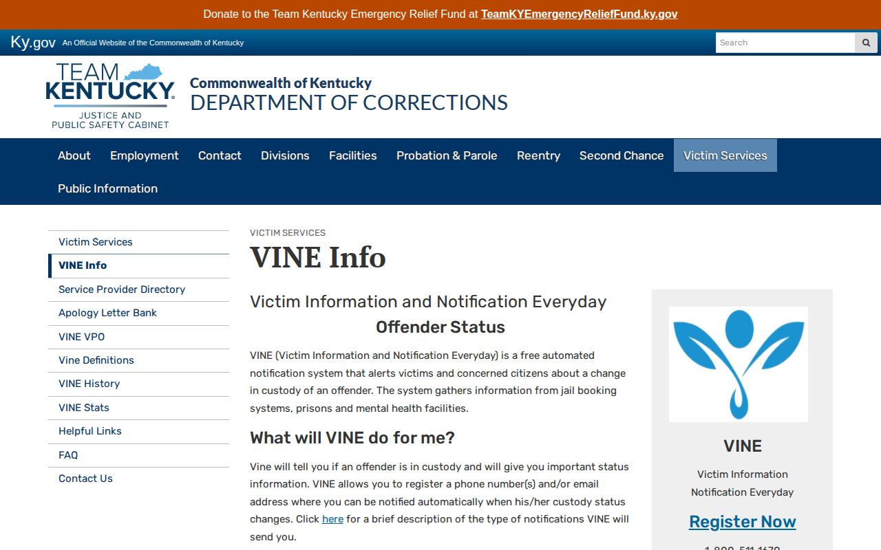 Kentucky VINE Logan County release alert instructions